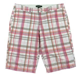 EDDIE‎ BAUER Womens bermuda 14" plaid roll-tab shorts pink/coral/tan/white - 14